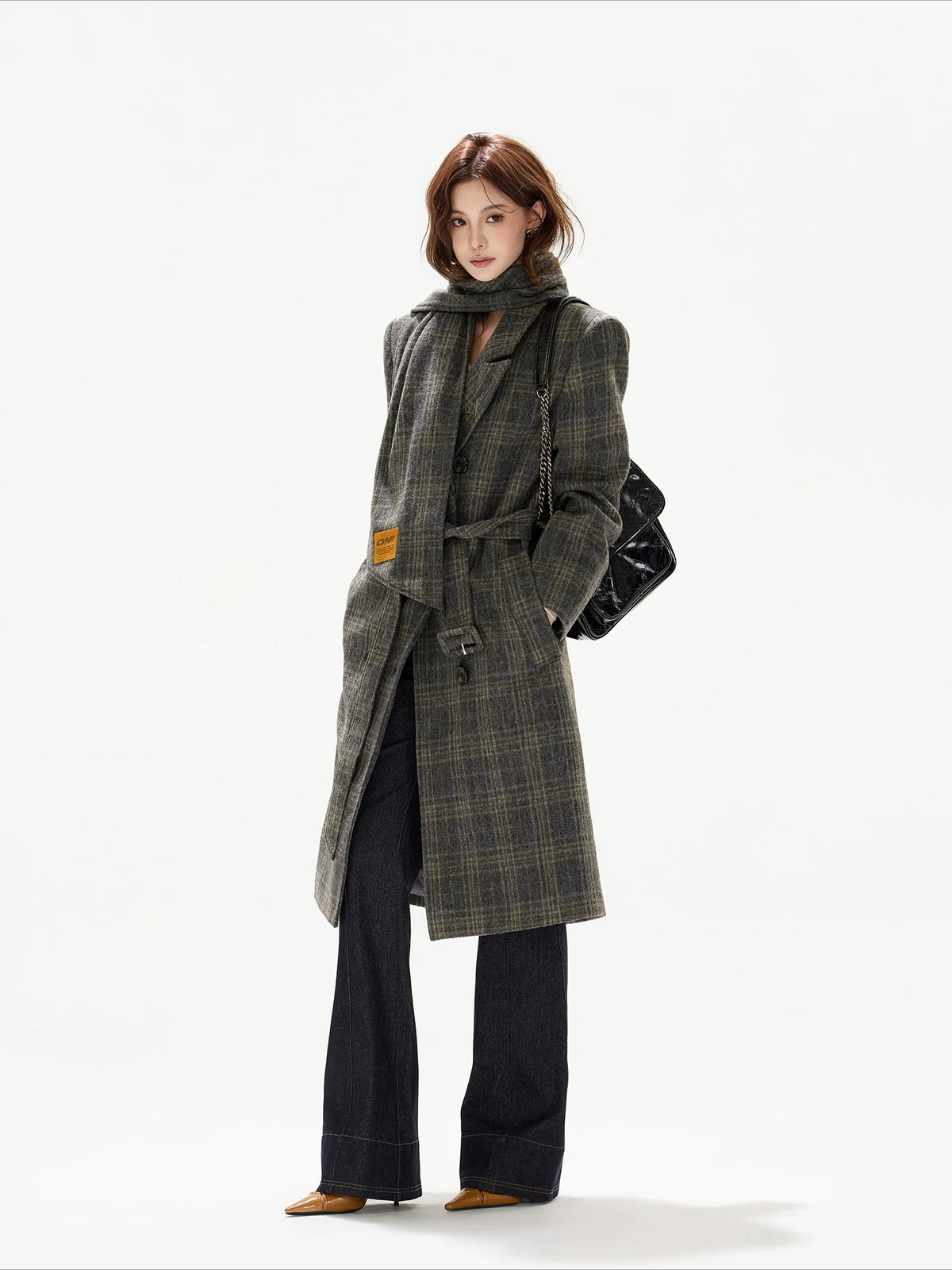 Gray Plaid Detachable Scarf Wool Coat
