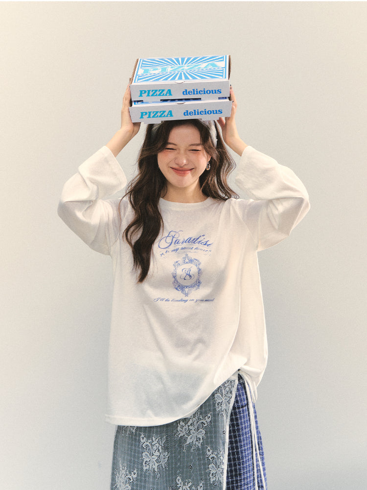 White Crew-Neck College Print Long-Sleeve T-Shirt