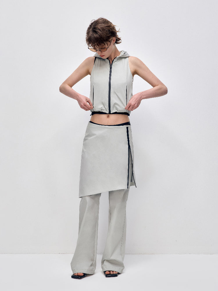 Color-block Hooded Zipper Vest &amp; Pant Set