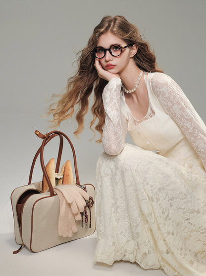 White Lace Knit Top &amp; Pleated Skirt Set