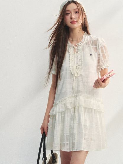 Checkered Hollow-Out Ruffled Dress Set