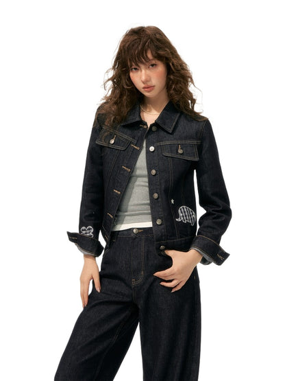 Denim Embroidered Cropped Jacket Set