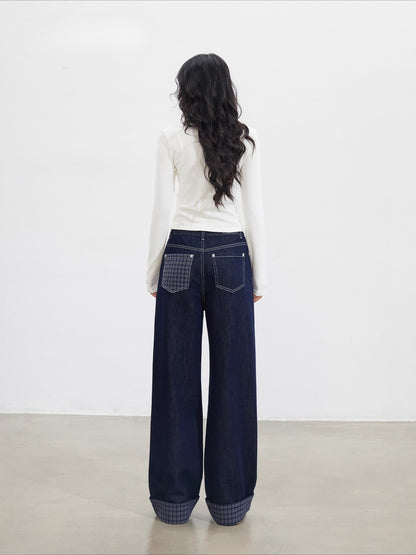 Navy Blue Plaid Patchwork Denim Wide-Leg Pants