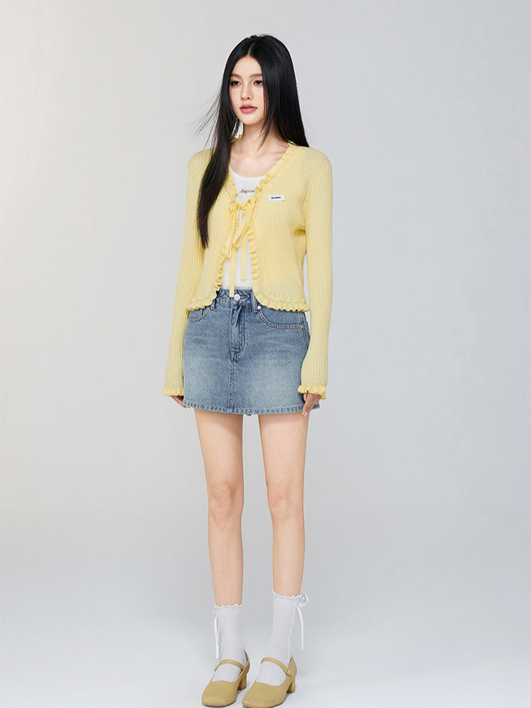 V - neck Ruffled Tie - front Knit Cardigan
