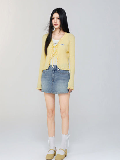 V - neck Ruffled Tie - front Knit Cardigan
