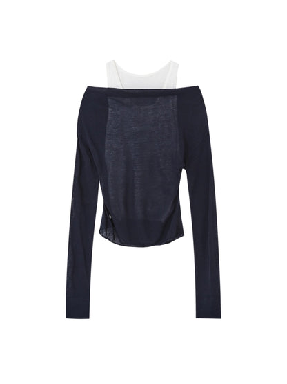 Fake Two-Piece Color-Block Draped Collar Knit Top
