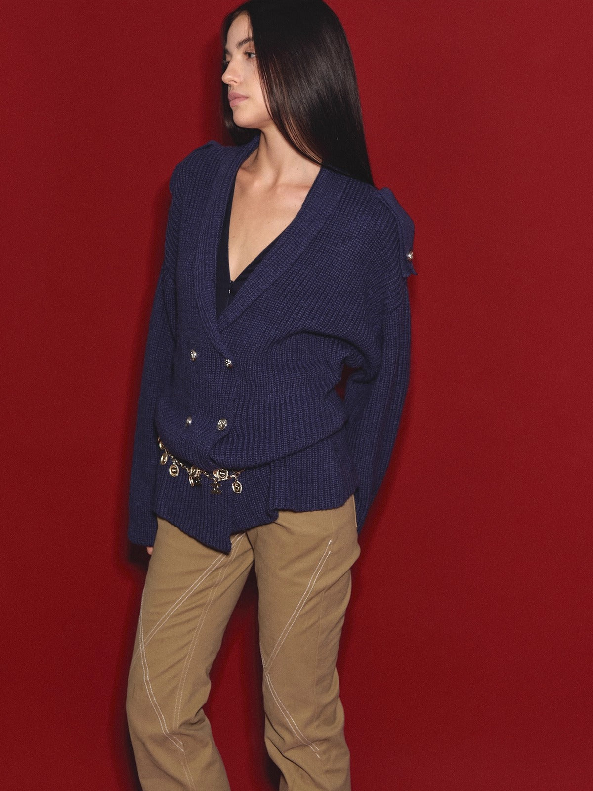 Wool Epaulet Double-Breasted Cardigan