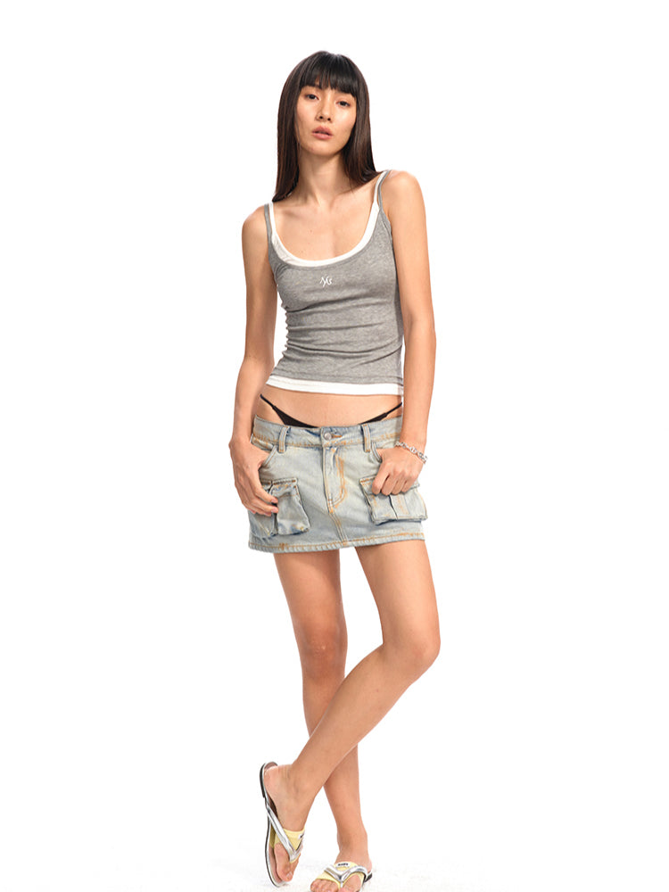 Asymmetric Low - Waist Denim Mini Skirt