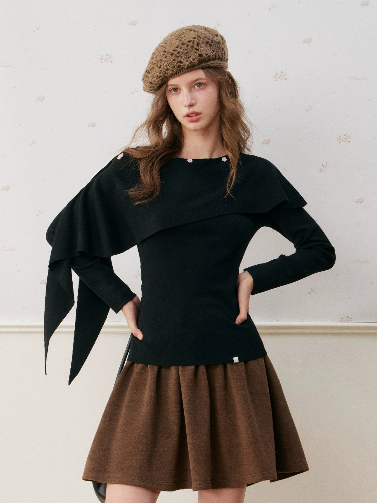 Wool Blend Cape Shoulder Knit Top