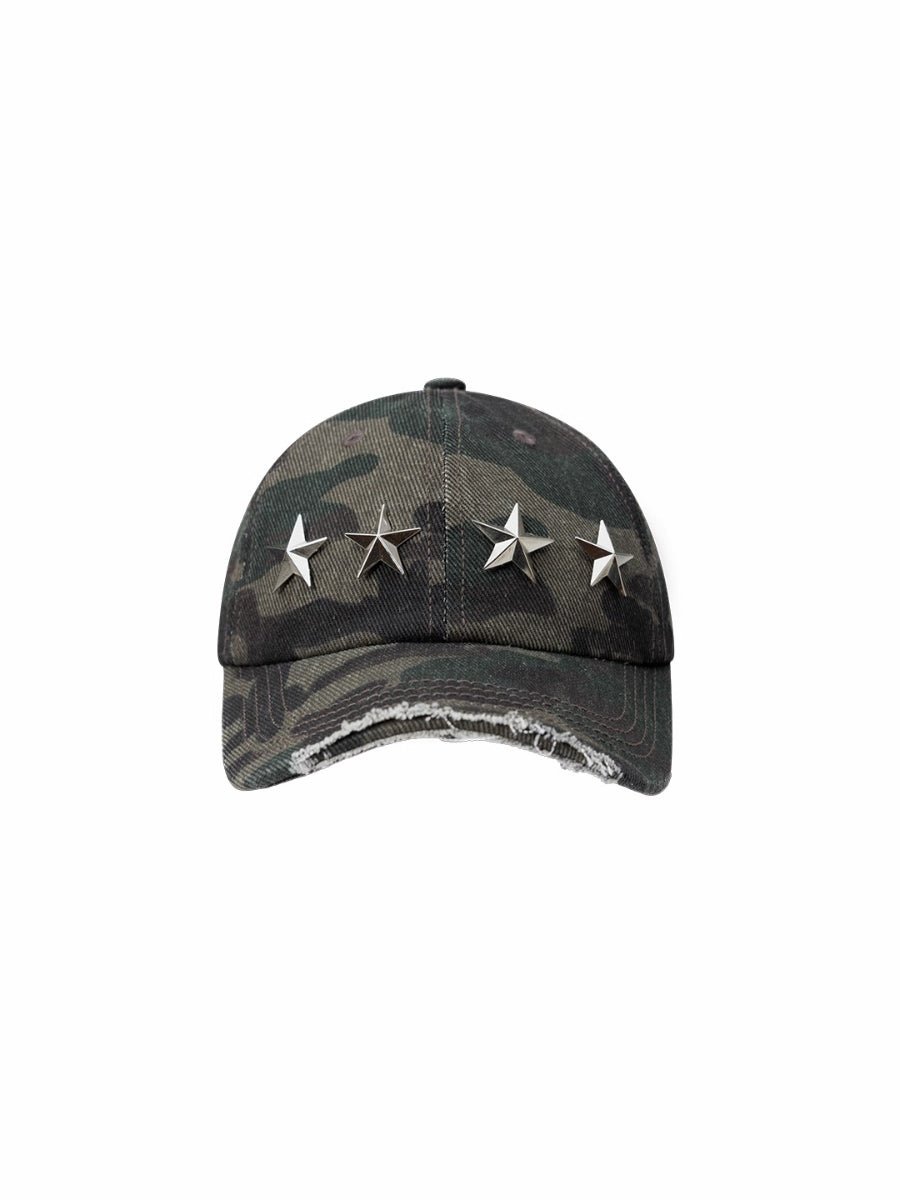 Distressed Star Studded Camouflage Baseball Cap