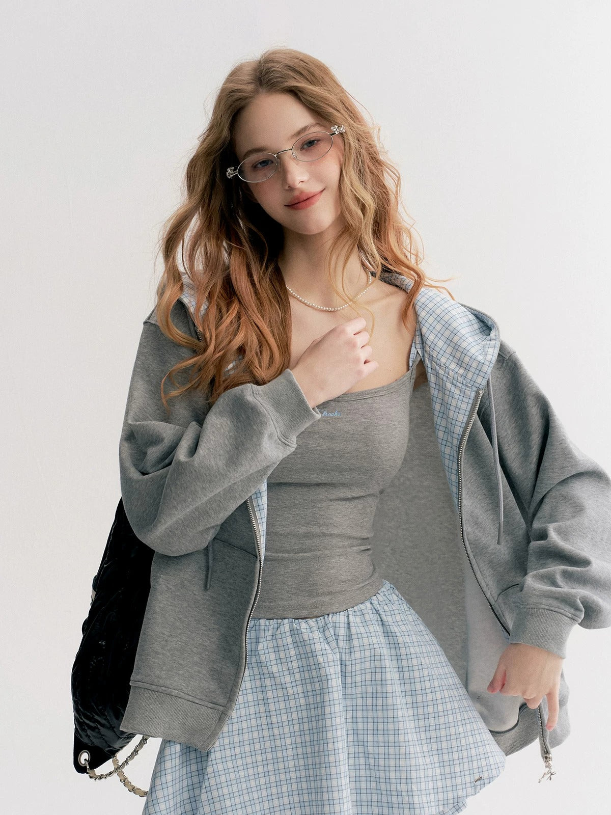 Gray Plaid Hoodie Three-Piece Set
