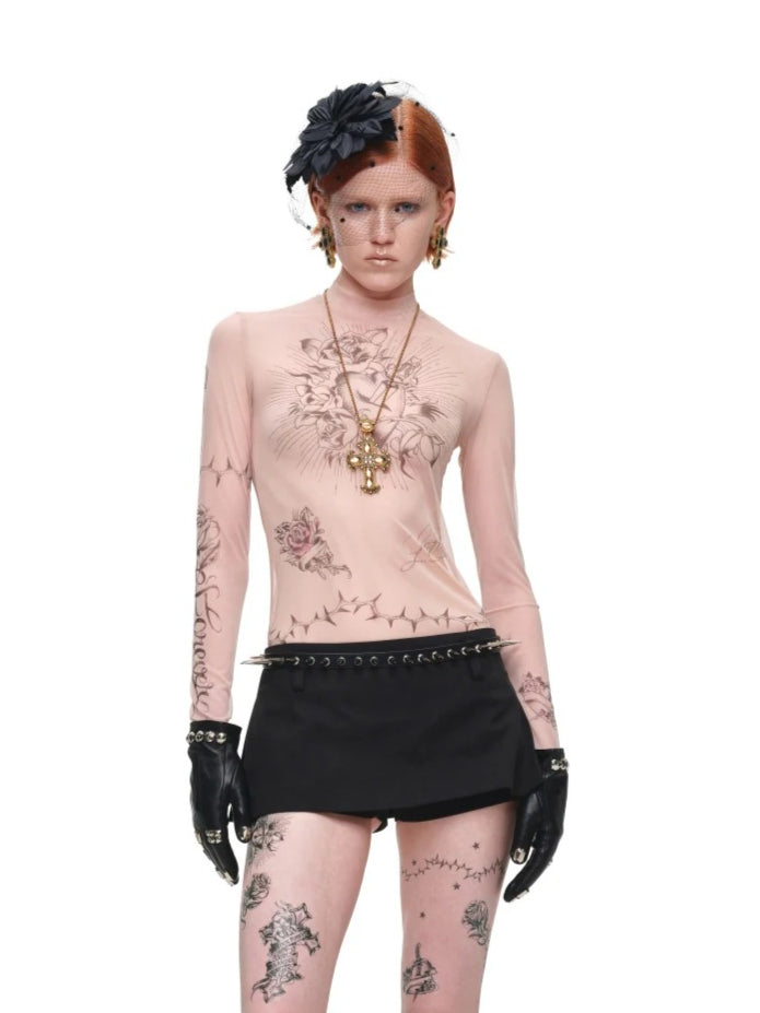 Tattoo Mesh Long Sleeve Top