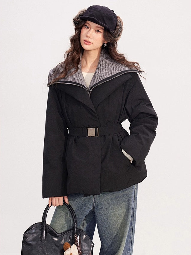 Belted Contrast-Knit Collar Down Coat