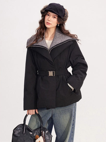 Belted Contrast-Knit Collar Down Coat