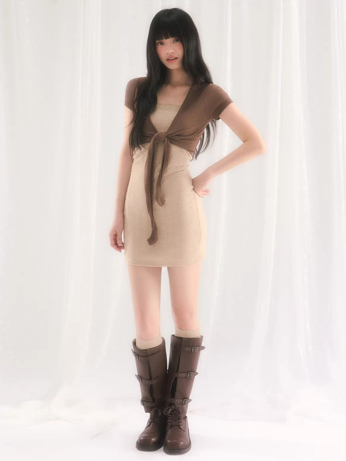 Light Brown Knit Two-Piece Dress Set