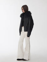 Embroidered Faux Fur Collar Leather Jacket