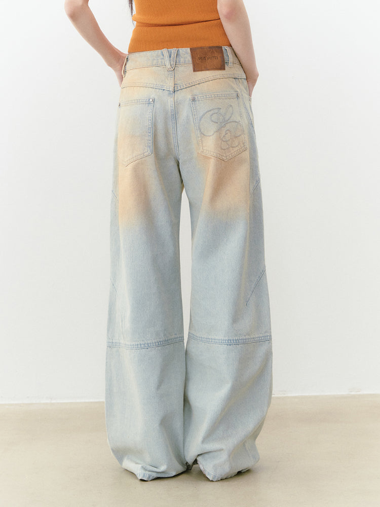 Washed and Distressed Color Block Denim Pants