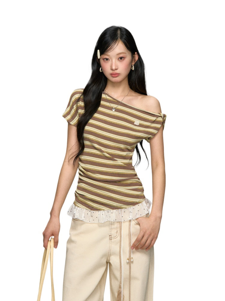 Striped Lace-Spliced Asymmetric-Shoulder T-shirt