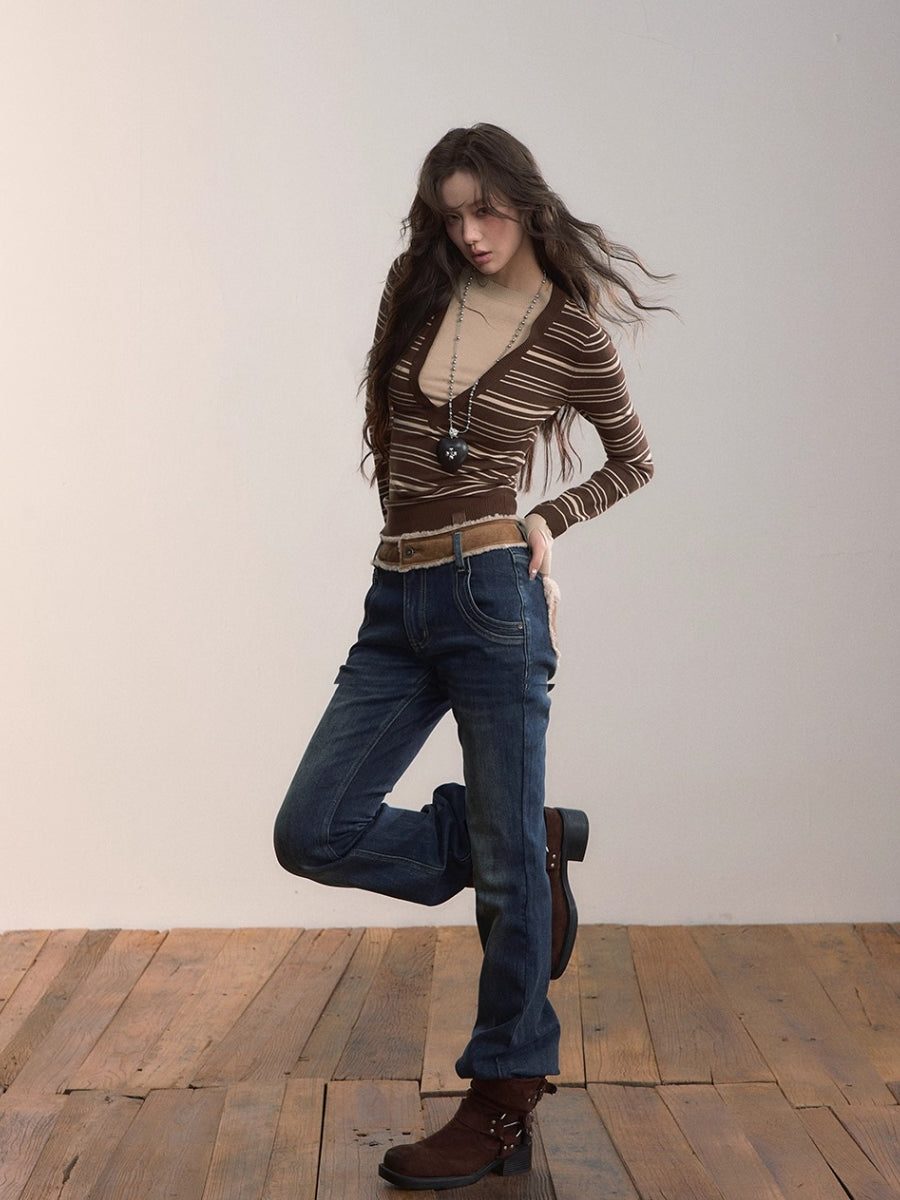 Color-Blocked Faux Fur Waist Slim Flare Jeans