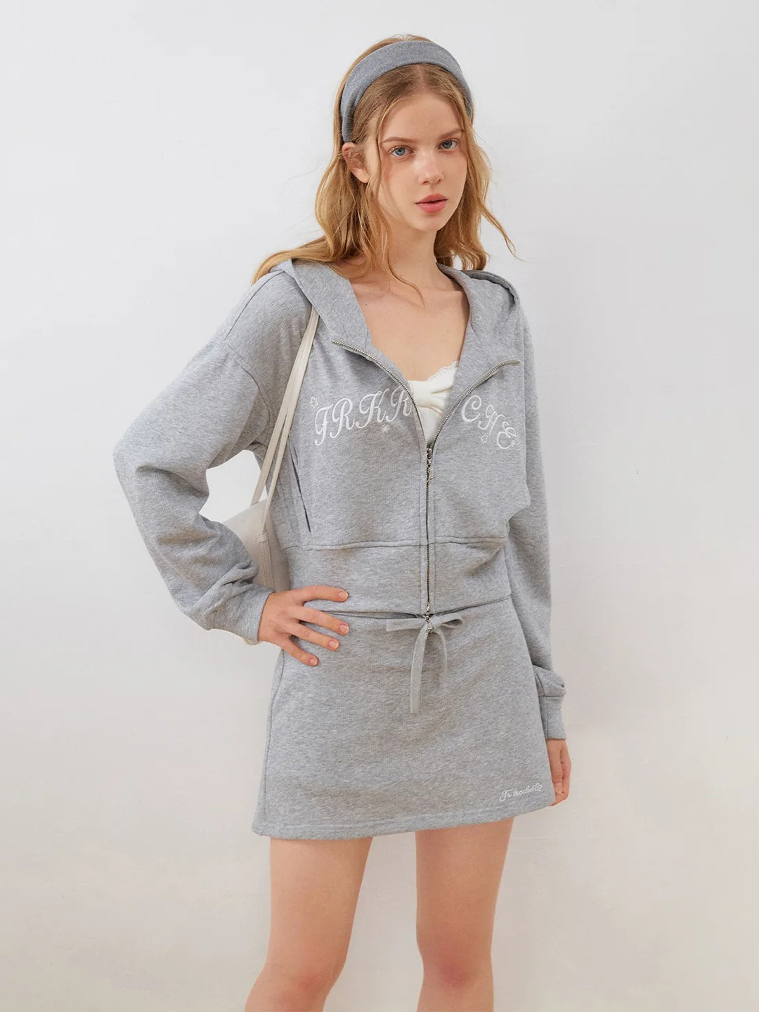 Contrast Embroidered Zip Hoodie &amp; Skirt Set