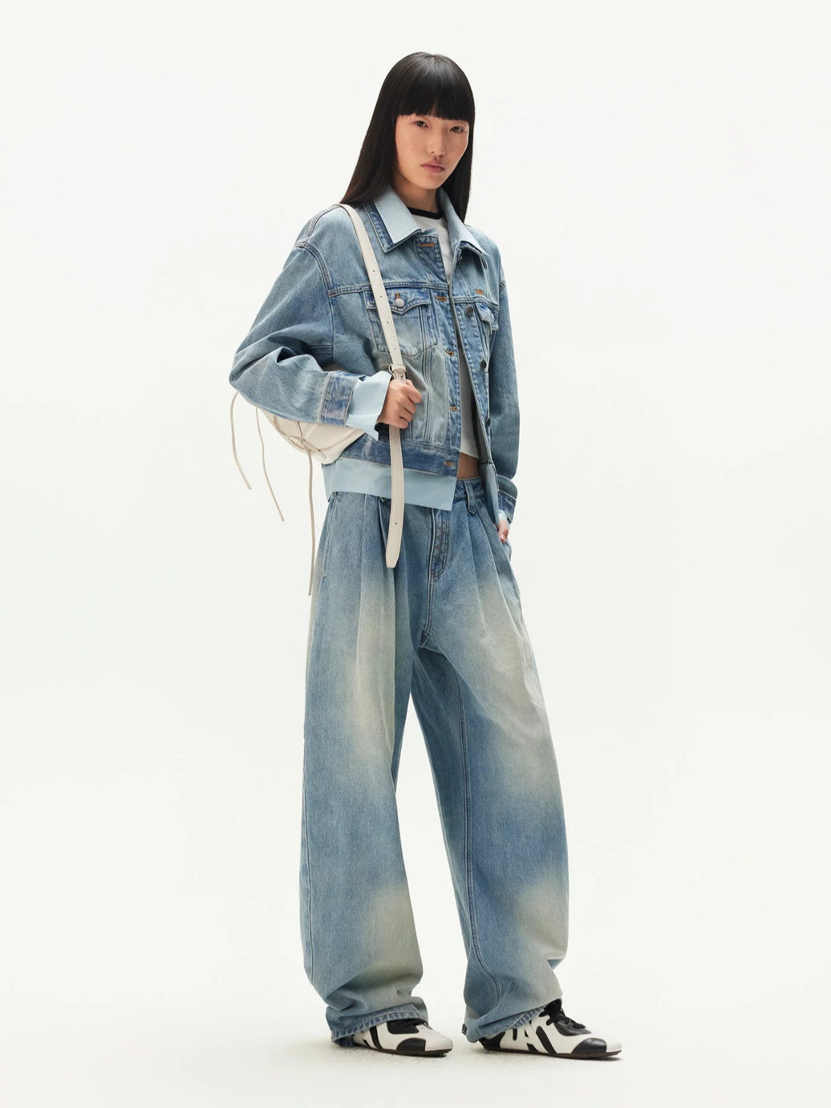 Denim Pleated Wide Leg Pants