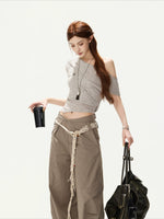 Gray Tie-Waist Knit Top & Skirt Set