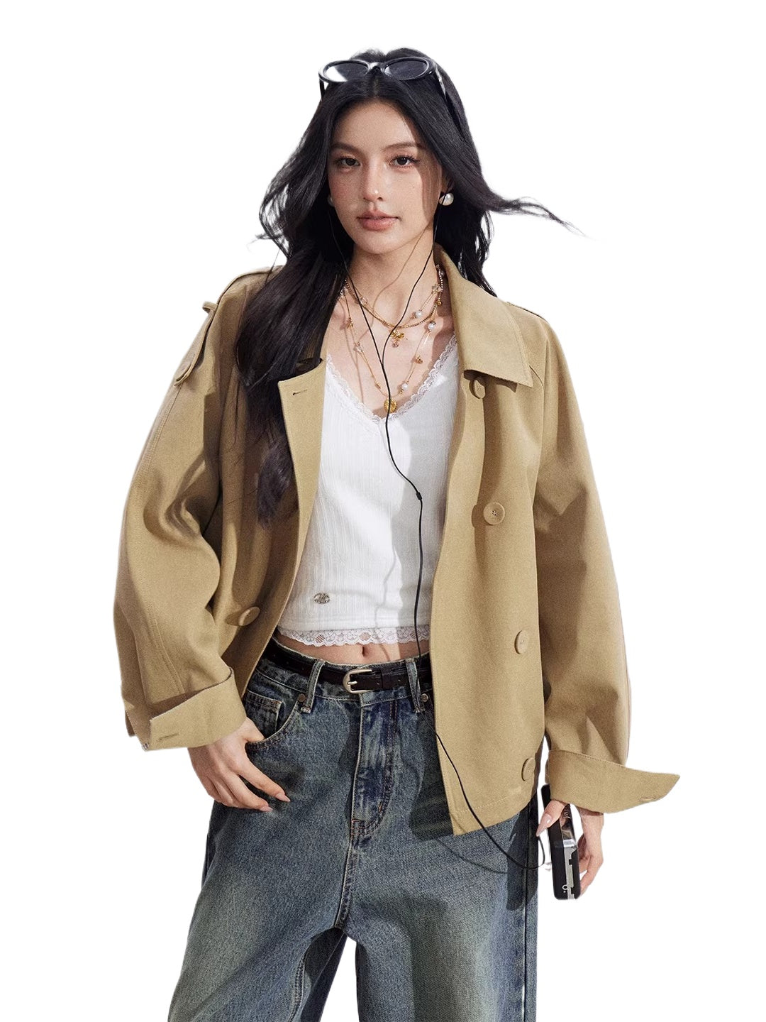 Khaki Plaid Panel Double-Breasted Jacket