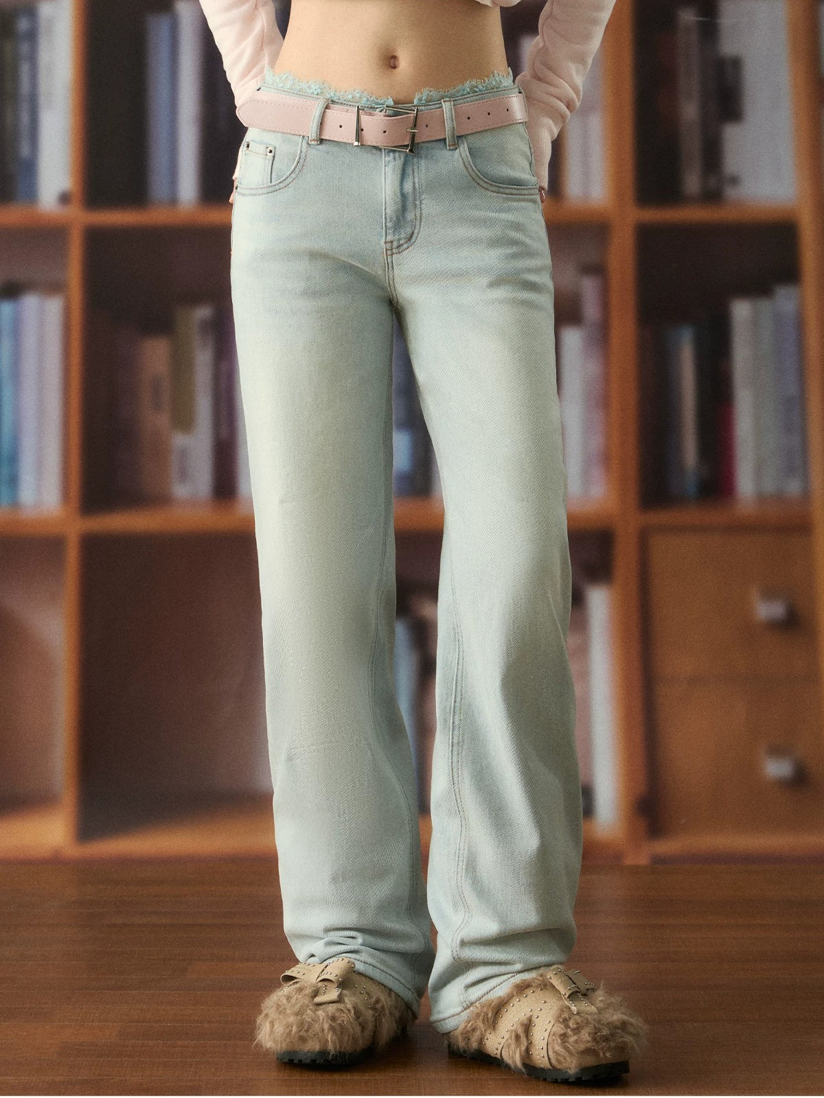 Light Wash Lace Waist Jeans