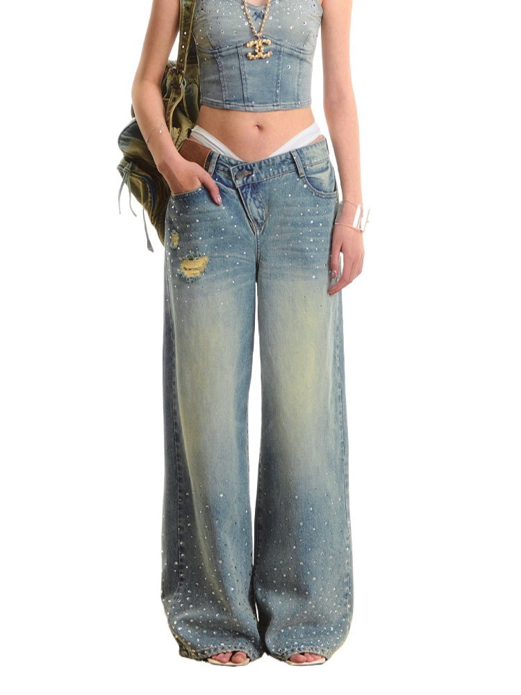 Washed Rhinestone Straight-Leg Wide-Leg Pants