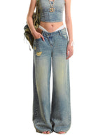 Washed Rhinestone Straight-Leg Wide-Leg Pants