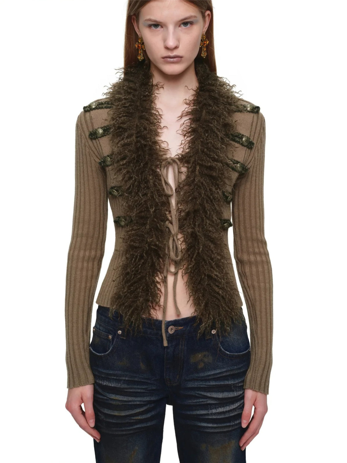 Napoleon Fur Collar Ribbed Cardigan