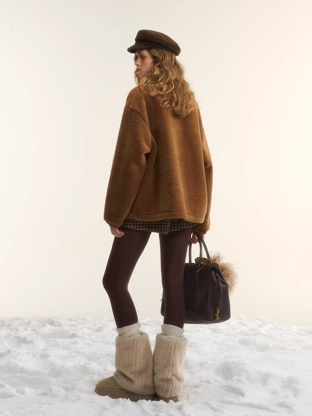 Brown Patchwork Teddy Fleece Zip-Up Sweatshirt