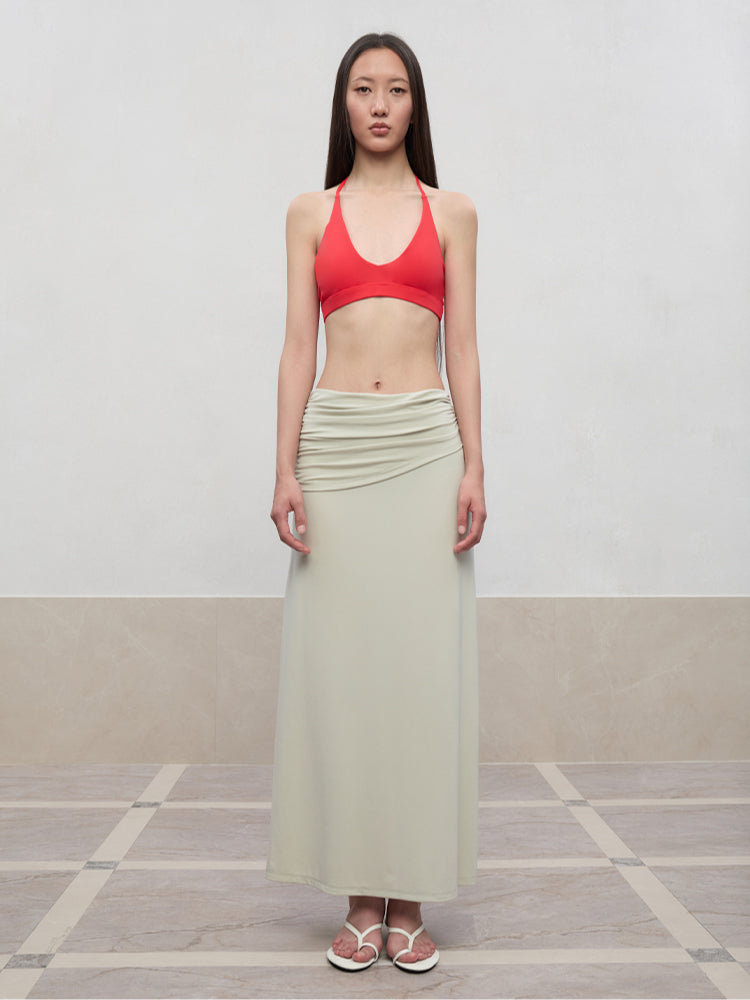 Lyocell Pleated Mid-Low Waist Midi Skirt