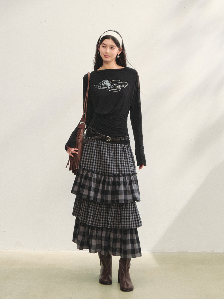 Plaid Patchwork Lace Waist Layered Cake Skirt