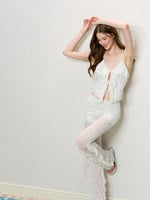 Black & White Ruffle V-Neck Tank & Sheer Pants Set