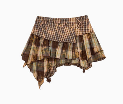 Washed Distressed Plaid Shirt &amp; Skirt Set