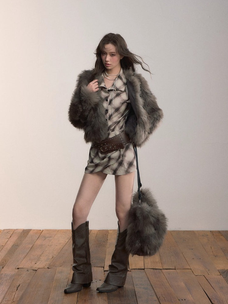 Short PU Leather Faux Fur Collar Coat