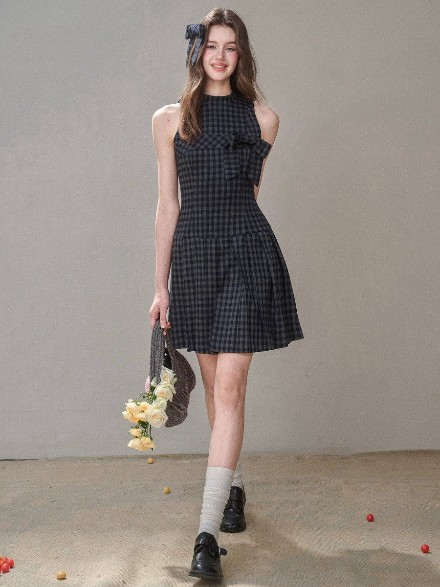 Bow Halter Checked Pleated Dress