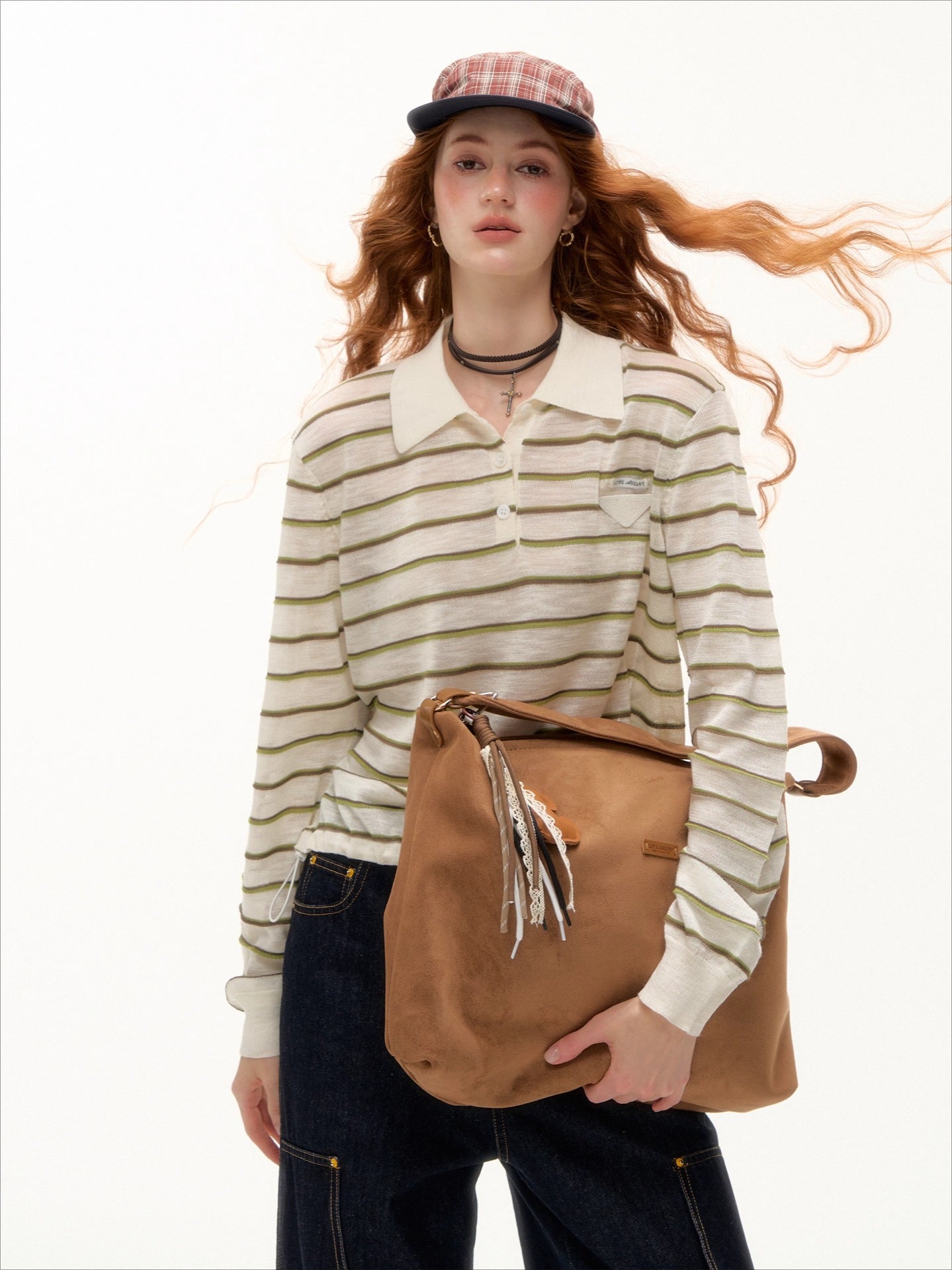 Beige &amp; Blue Striped Polo Knit T-shirt