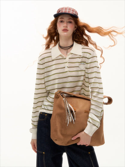 Beige &amp; Blue Striped Polo Knit T-shirt