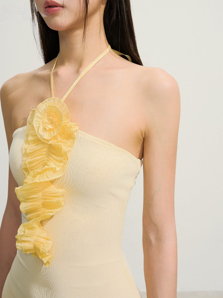 Yellow Floral Halter Waist Dress