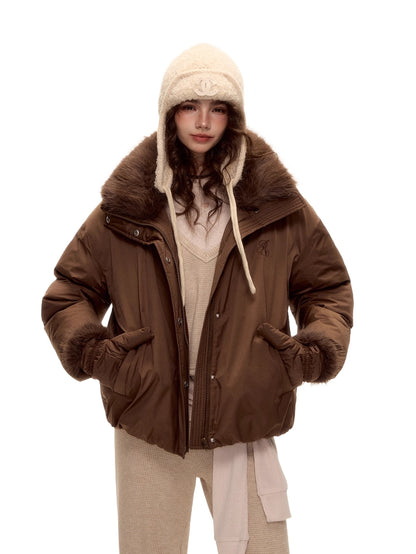 Detachable Fur Collar Short Down Jacket &amp; Gloves Set
