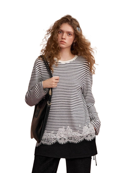 Lace Panel Fuzzy Stripe Tee