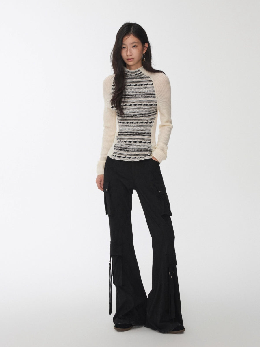 Fair Isle Turtleneck Raglan Sleeve Colorblock Knit Base Layer