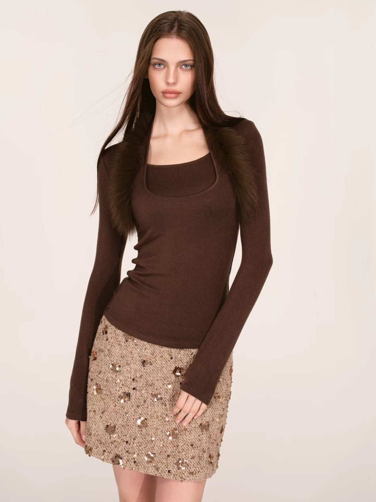 Fox Fur Trim Layered Halter Knit Top