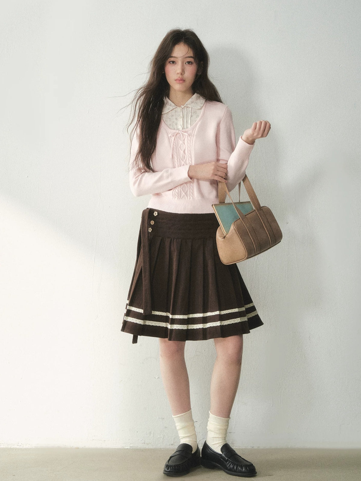 Floral Collar Bow Cable Knit Sweater