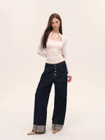 Indigo Button Front Wide-Leg Jeans