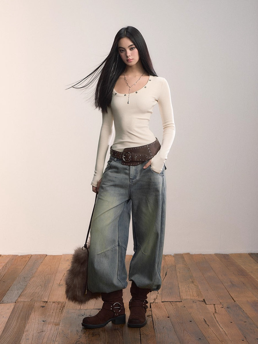 Studded Asymmetric U-Neck Long Sleeve Knit Top
