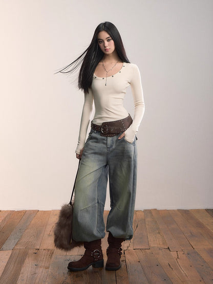 Studded Asymmetric U-Neck Long Sleeve Knit Top