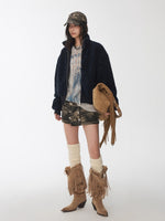 Zip-Up Shearling Textured Fitted Short Coat